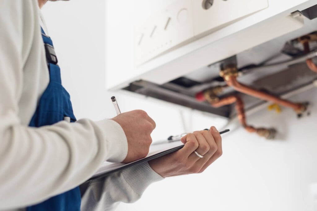 A person wearing blue overalls holds a clipboard and pen while inspecting or servicing exposed pipes and components underneath a wall-mounted boiler or heating unit.